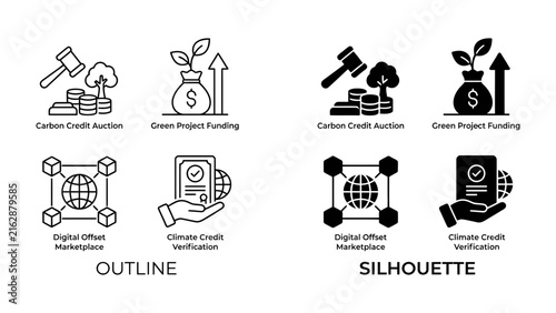 Climate Action Icons: A set of four climate action icons illustrating concepts like carbon credit auction, green project funding, digital offset marketplace, and climate credit verification.