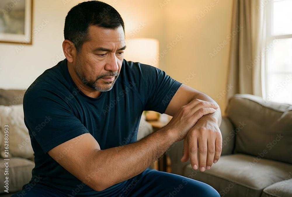 Fototapeta premium Wrist pain and joint discomfort, mature man experiencing arthritis or injury, healthcare and wellness concept at home