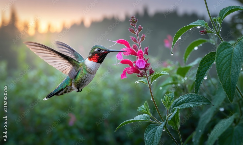 Naklejka premium A hummingbird hovers near a vibrant pink flower in a lush garden at sunrise