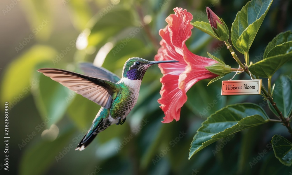 Naklejka premium A hummingbird hovers near a vibrant red hibiscus flower. Sunlight filters through foliage