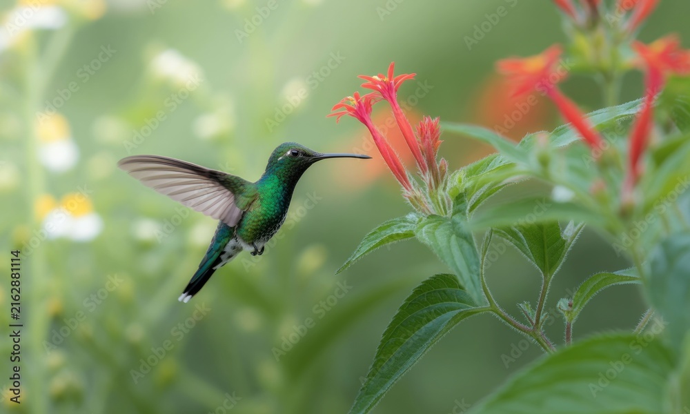 Naklejka premium A hummingbird in flight, feeding from a vibrant flower