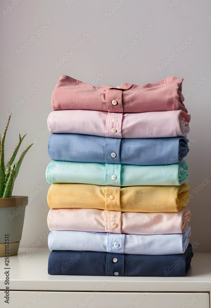 Fototapeta premium Sustainable fashion and capsule wardrobe concept, neatly folded pastel shirts stack with plant on dresser