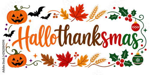 Hallothanksmas typography banner with pumpkins fall autumn leaves wheat stalks bats holly berries and christmas ornaments seasonal holiday illustration isolated PNG with Transparent Background