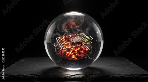 Steak and vegetables grilling on charcoal inside a crystal glass