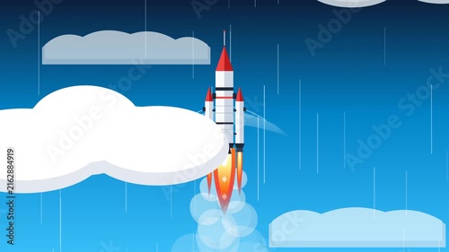 Space Rocket Launching into Sky Through Clouds Flat Vector Animation Concept