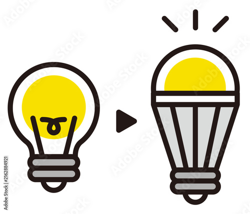 Fototapeta LED電球のアイコン。電球からLEDへの交換。照明や省エネのイラスト。LED light bulb icon.