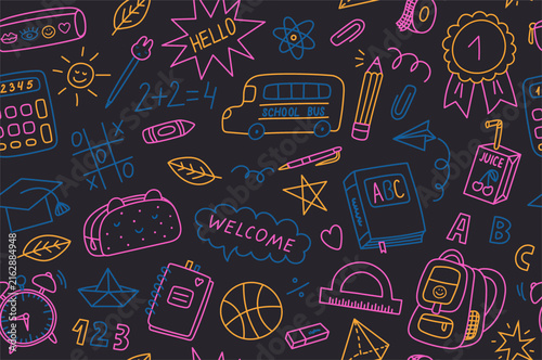 Hand drawn colorful back to school doodle seamless pattern, vector