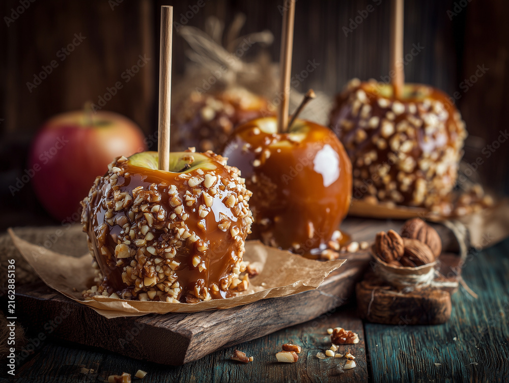 Fototapeta premium Fresh caramel apples coated with glossy caramel and chopped nuts on rustic wooden table, Halloween party decorations, premium food photography, no humans