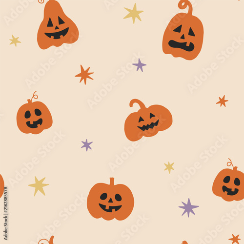 Halloween vector seamless pattern with cute smiling pumpkins. Hand drawn cartoon festive endless background for holiday design, prints. Cute pattern with playful spooky Jack o lantern characters