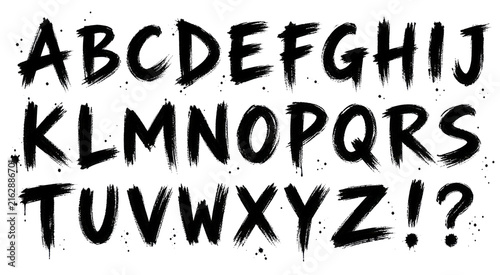 Black horror halloween alphabet font set with scary scratch brush typeface letters and exclamation mark illustration isolated PNG with Transparent Background