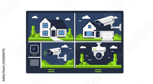 Smart Home Security Surveillance System Interface with CCTV Cameras and Residential House Monitoring Flat Vector Illustration