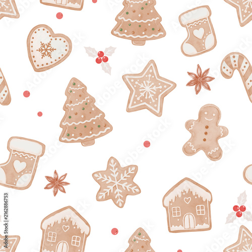 Cute Watercolor Gingerbread Cookies Seamless Pattern for Christmas and Winter