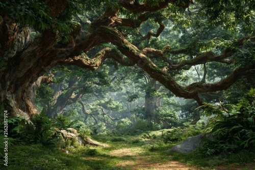 Majestic Ancient Tree with Extensive Branches and Lush Green Foliage in a Serene Forest Environment