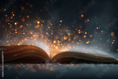Open book with magical glowing light particles on dark background creating an enchanting and mystical atmosphere