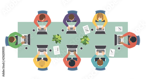 Top View of Diverse Business Team Working on Laptops at Office Conference Table Illustration