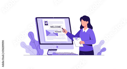 Onboarding and Welcome Process Vector Illustration: Business Woman Sending Digital Greeting to New Employee or Tenant