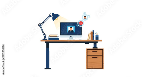 Modern Home Office Workspace with Computer Video Conference and Standing Desk Illustration
