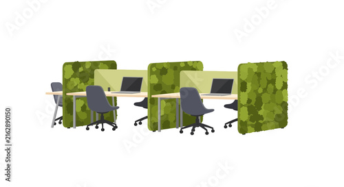Modern Eco-Friendly Office Workstation with Green Moss Privacy Partitions, Laptops, and Ergonomic Chairs. Biophilic Interior Design Concept for Sustainable Workspace.