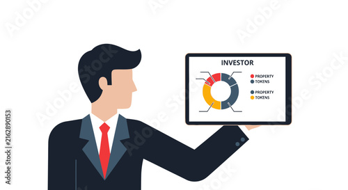 Businessman presenting real estate investment portfolio and property tokenization data on a digital tablet, financial technology and digital asset management concept.
