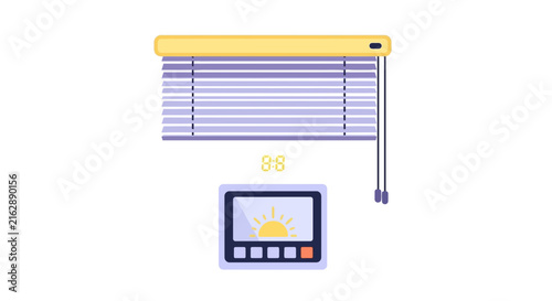 Smart Home Automation Concept with Automated Window Blinds and Digital Control Panel Interface Illustration