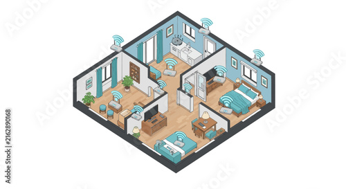 Smart Home Isometric Floor Plan with Wi-Fi Connectivity and IoT Devices Illustration