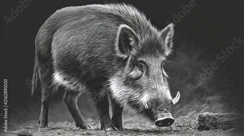 Black and White Portrait of a Wild Boar in Natural Habitat