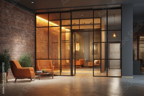 Modern office entrance with glass doors, warm lighting, and contemporary furniture in a stylish workspace environment