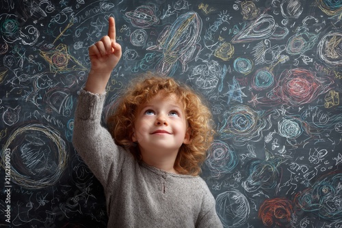 Happy child pointing upward with space doodles on chalkboard background, representing creativity and imagination in learning