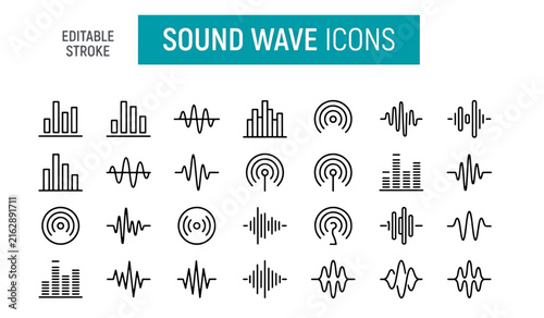Sound wave icons grid with editable stroke for projects