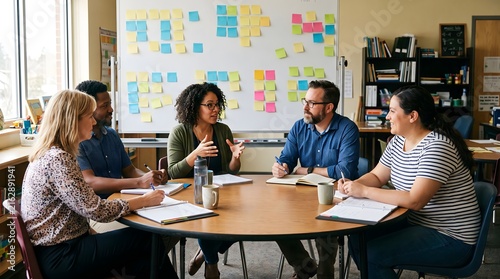 Diverse group of colleagues collaborating around a round table in a modern classroom meeting room with colleagues collaboration classroom