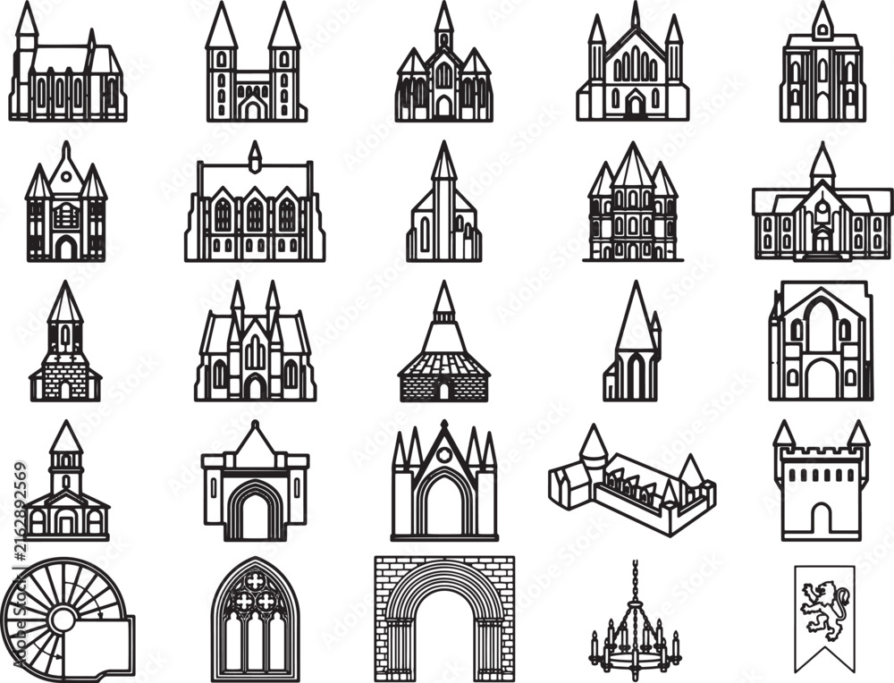 Fototapeta premium A collection of architectural icon, showcase various types of building.