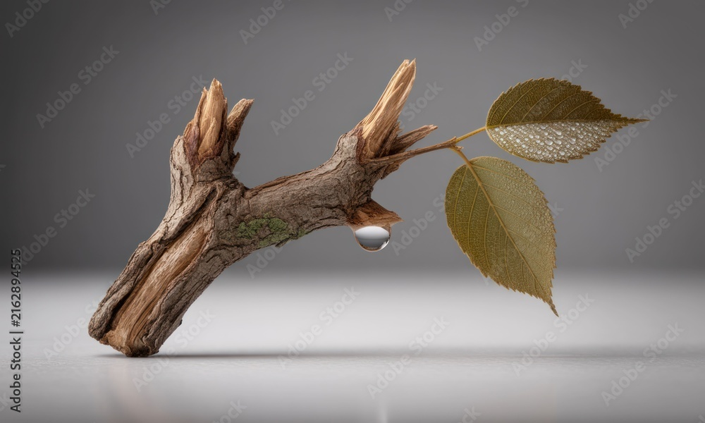 Fototapeta premium A weathered twig with leaves and a dewdrop, presented against a neutral backdrop