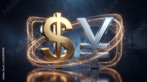 US Dollar and Japanese Yen Symbol golden colour circular ring and rectungalur edge the black background.