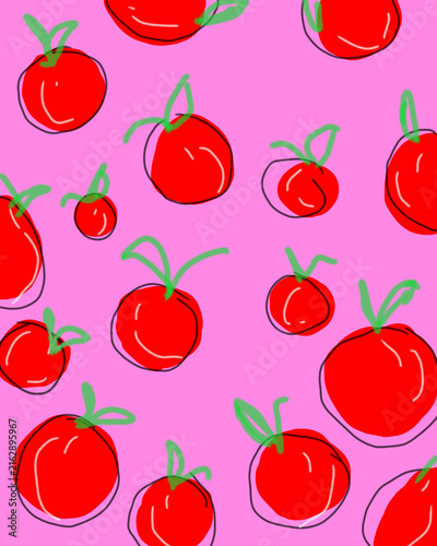 Hand drawn red fruit pattern on pink background