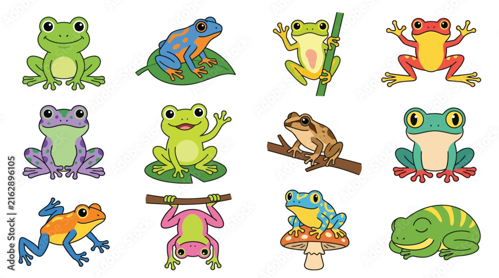 Fototapeta premium Colorful Cartoon Frogs in Various Poses.