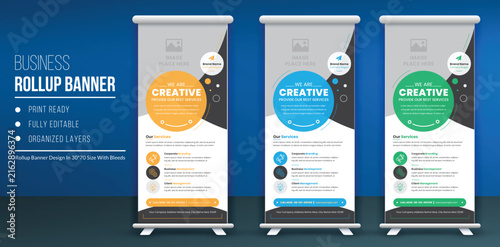 Creative agency rollup banner design with circular elements and three color themes for business advertising.