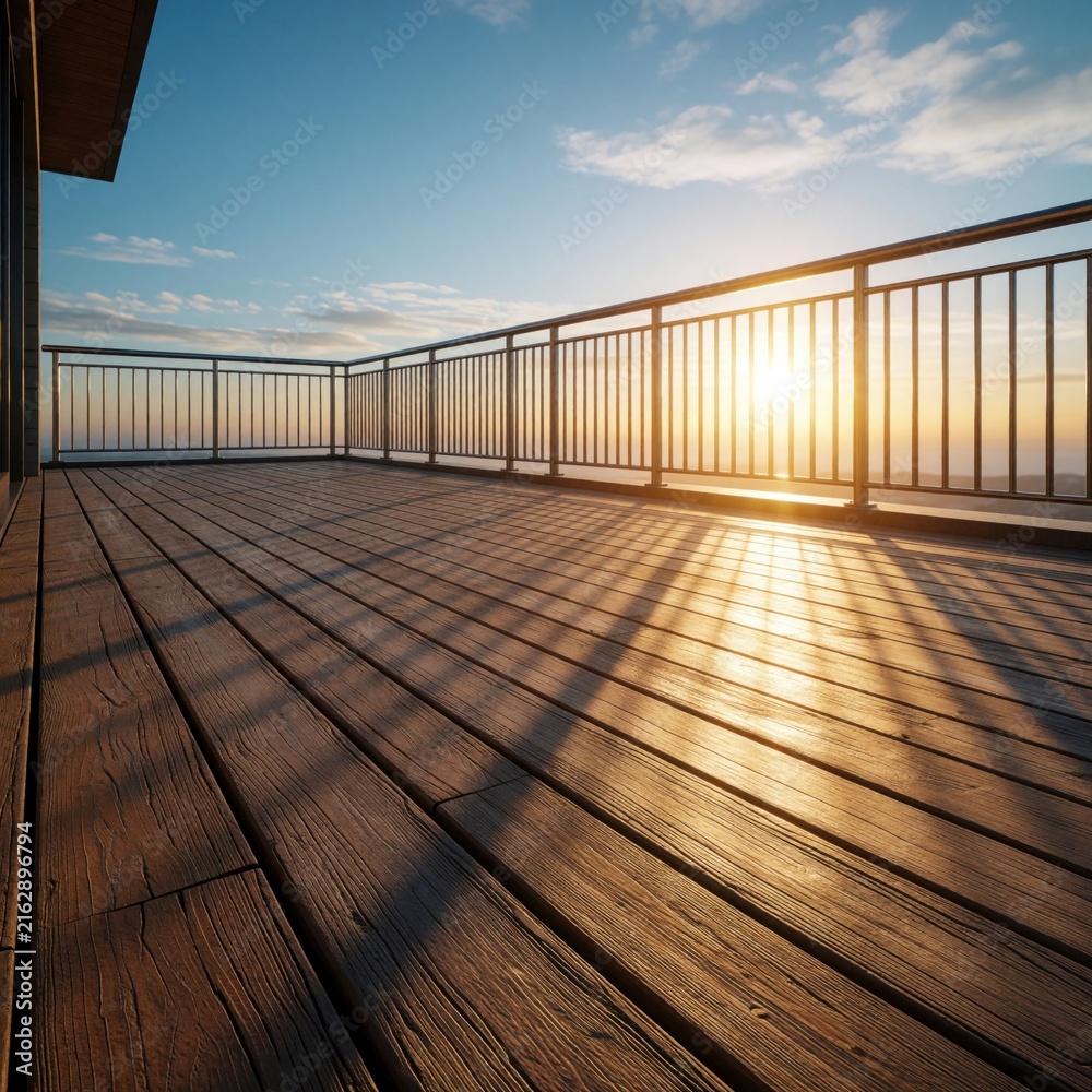 Fototapeta premium Empty wooden deck with metal railing at sunrise or sunset. Sunlight casts long shadows across the planks. Horizon shows calm sea or ocean under blue sky with clouds. Peaceful natural scene.