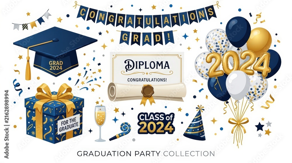 Naklejka premium Graduation party collection with 2024 balloons and diploma. Navy blue and gold grad celebration set. Academic commencement decor elements.