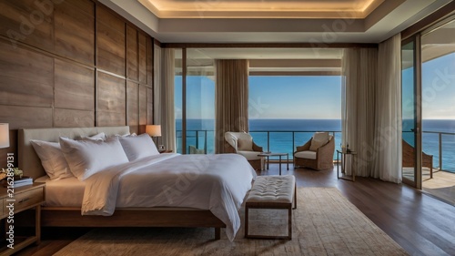 Luxurious Ocean View Hotel Bedroom with Modern Design and Serene Ambiance