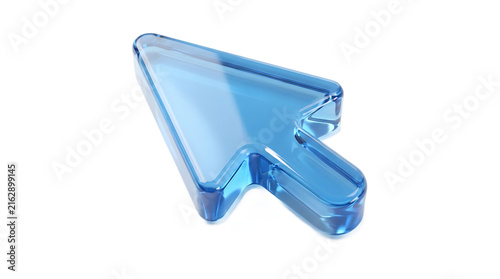 3d render of a blue glass mouse cursor arrow isolated on transparent background