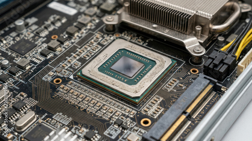 Close up of a computer processor on a motherboard with heatsink.