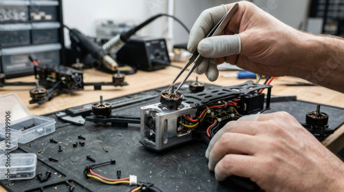 Close up of hands assembling a drone motor with tools.
