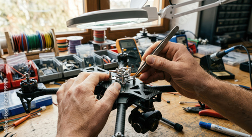 Close up of hands assembling a drone with tools and components.