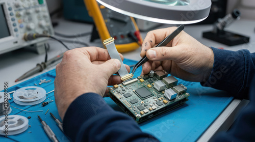 Close up of hands repairing a complex electronic circuit board with tools.