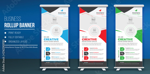 Modern corporate rollup banner template featuring curved shapes and vibrant color accents for marketing presentations.