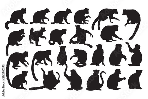 A collection of black lemur silhouettes in various poses isolated on a white background. This graphic set is also isolated on a transparent background.