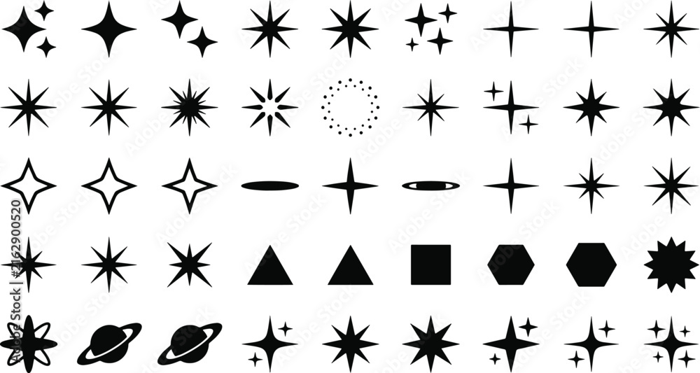 Fototapeta premium Set of black magical sparkle star and magic glitter icons vector design elements with astronomy geomerty triangle abstract decorative ornament collection silhouette background