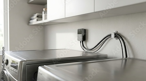 Modern laundry room featuring sleek washing machines and a neatly installed black and gray electrical charging station on clean white wall.