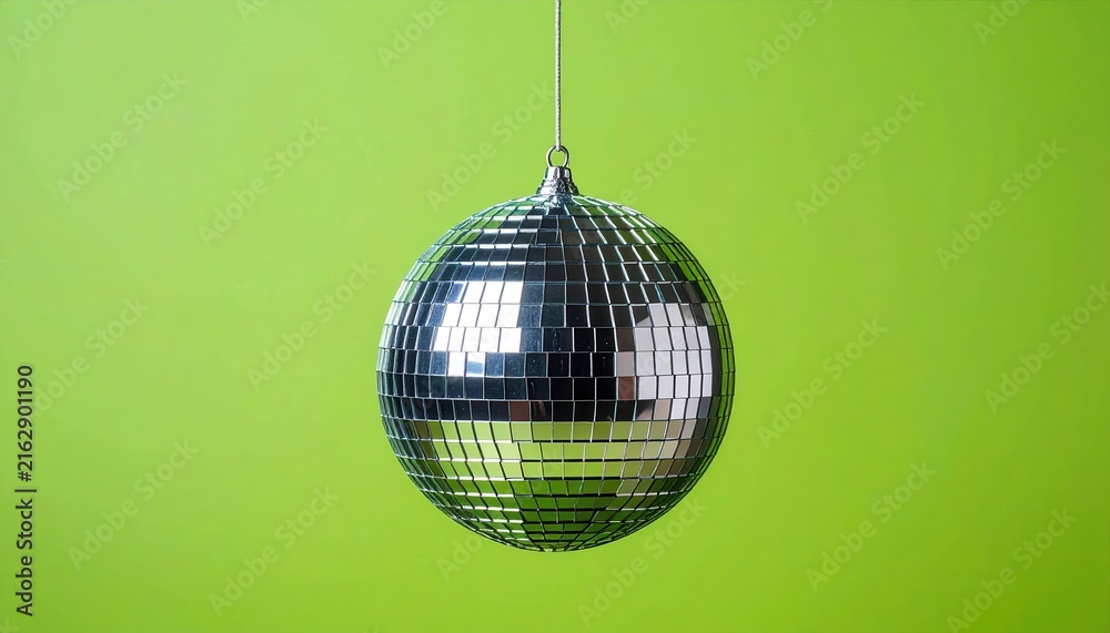 Fototapeta premium Green Disco Ball on a Vibrant Green Background with Shimmering Reflections, Retro Party Decoration for Dance, Nightclub, Music and Celebration Concept