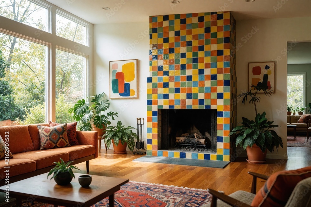 Fototapeta premium Bright living room features a vibrant tiled fireplace and orange sofa. Large windows offer garden views. Plants add greenery to the cozy interior space.